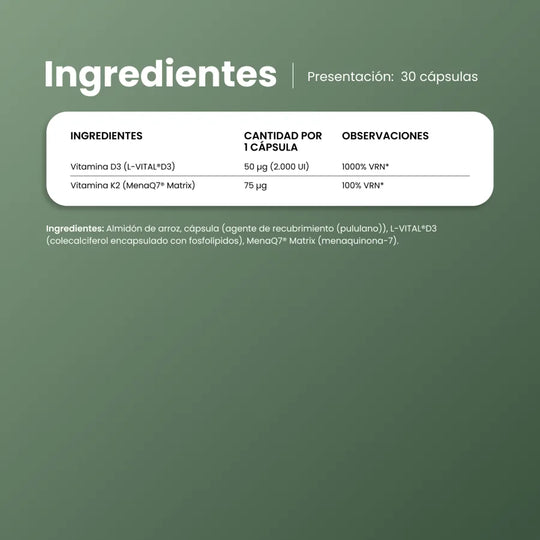 Ingredientes de DuoWell D3+K2: vitamina D3 L-VITAL®D3 y vitamina K2 MenaQ7® Matrix