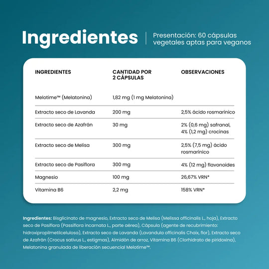 Ingredientes de Melanait Nighttime: melatonina Melotime, lavanda, azafrán, melisa, pasiflora, magnesio y vitamina B6