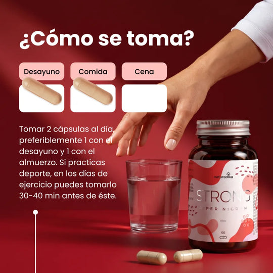 Cómo se toma Piper Nigrum Strong: 2 cápsulas al día, 1 con el desayuno y 1 con el almuerzo