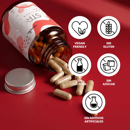 Piper Nigrum Strong es vegan friendly, sin gluten, sin lactosa, sin azúcar y sin aditivos artificiales