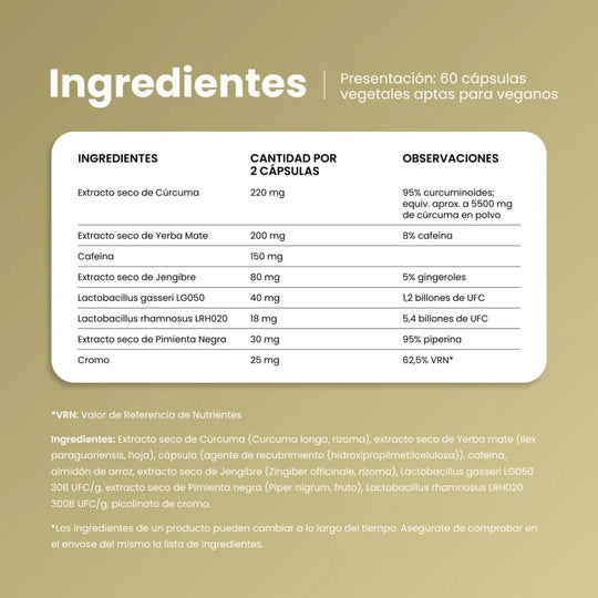 Ingredientes de Magrifit Piperine: cúrcuma, yerba mate, cafeína, jengibre, probióticos, pimienta negra y cromo