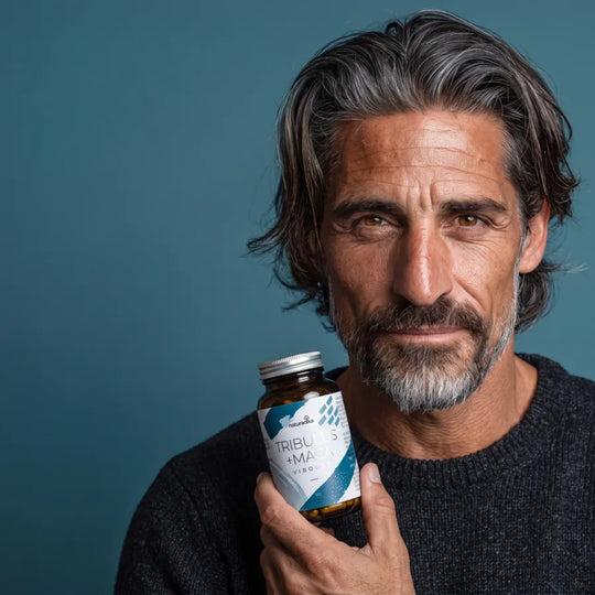 Hombre sosteniendo el bote de Viboost Tribulus + Maca de Naturadika