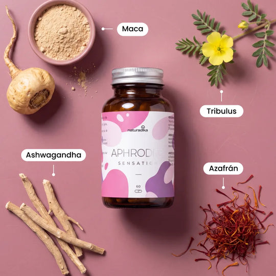 Ingredientes naturales de Aphrodite Sensation: maca, tribulus, ashwagandha y azafrán