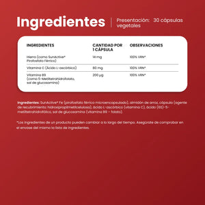 Ingredientes de FerMax Active: 14 mg de hierro SunActive, 80 mg de vitamina C y 200 µg de vitamina B9 por cápsula
