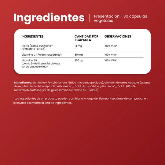 Ingredientes de FerMax Active: 14 mg de hierro SunActive, 80 mg de vitamina C y 200 µg de vitamina B9 por cápsula