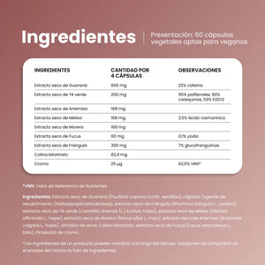 Ingredientes de Magrifit Flash: guaraná, té verde, artemisa, melisa, morera, fucus, frángula, colina y cromo