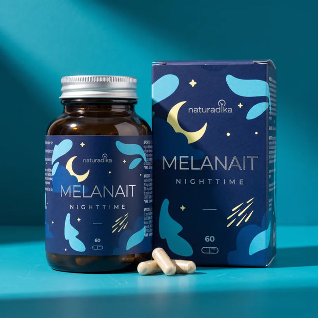 Bote y estuche de Melanait Nighttime de Naturadika, 60 cápsulas con melatonina