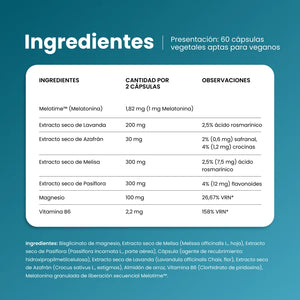 Ingredientes de Melanait Nighttime: melatonina Melotime, lavanda, azafrán, melisa, pasiflora, magnesio y vitamina B6