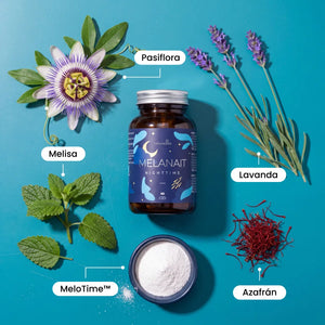 Ingredientes naturales de Melanait: pasiflora, lavanda, melisa, azafrán y MeloTime