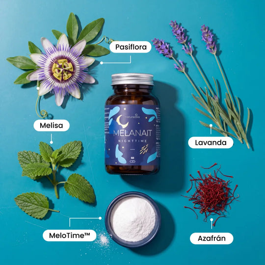 Ingredientes naturales de Melanait: pasiflora, lavanda, melisa, azafrán y MeloTime