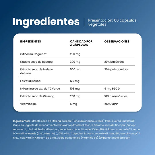 Ingredientes de Memor Tropic por 3 cápsulas: citicolina Cognizin, bacopa, melena de león, fosfatidilserina