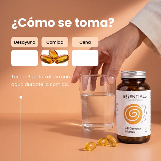 Cómo se toma Full Omega Balance: 3 perlas al día con agua durante la comida