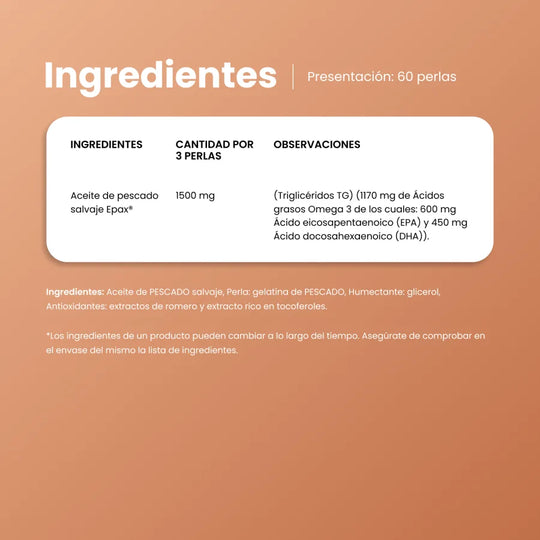 Ingredientes de Full Omega Balance: 1500 mg de aceite de pescado salvaje Epax con 600 mg EPA y 450 mg DHA por 3 perlas