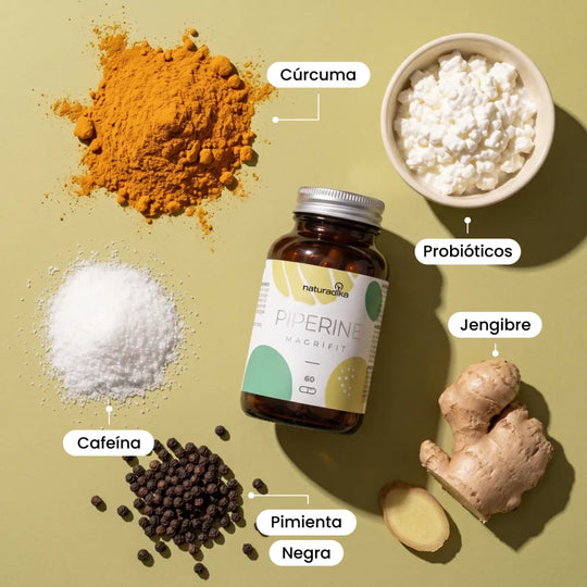Ingredientes de Magrifit Piperine: cúrcuma, probióticos, jengibre, cafeína y piperina