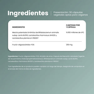 Ingredientes de Probiotic Balance: mezcla patentada SmilinGut con 6.000 millones de UFC y FOS por cápsula