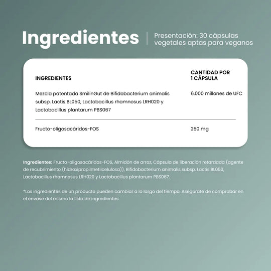 Ingredientes de Probiotic Balance: mezcla patentada SmilinGut con 6.000 millones de UFC y FOS por cápsula