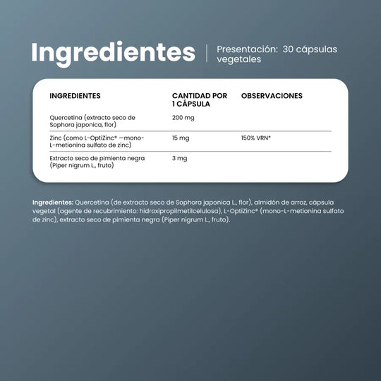 Ingredientes de SupraZinc Advanced: quercetina, zinc L-OptiZinc® y pimienta negra