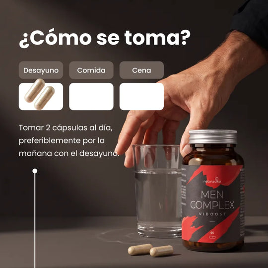 Cómo se toma Viboost Men Complex: 2 cápsulas al día, preferiblemente por la mañana con el desayuno