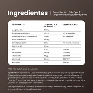 Ingredientes de Viboost Men Complex: L-arginina, ginseng, tribulus, maca, pino, coenzima Q10, zinc y vitaminas