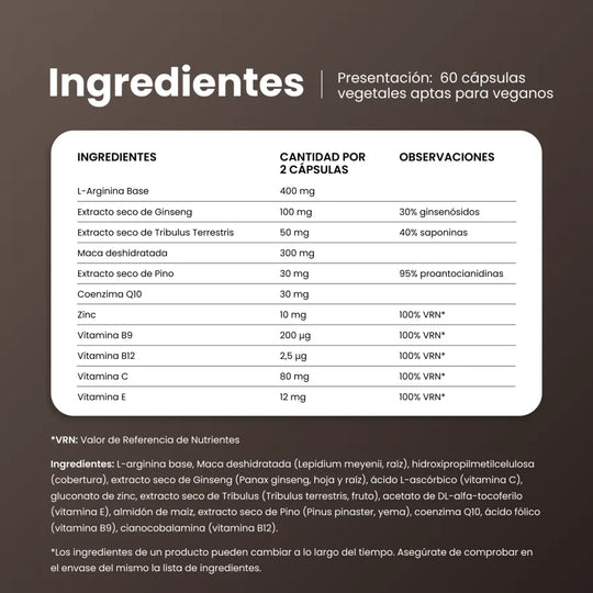 Ingredientes de Viboost Men Complex: L-arginina, ginseng, tribulus, maca, pino, coenzima Q10, zinc y vitaminas