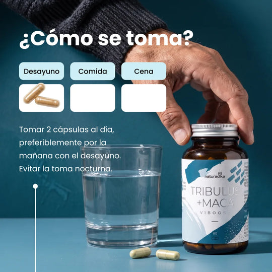 Cómo se toma Viboost Tribulus + Maca: 2 cápsulas al día con el desayuno