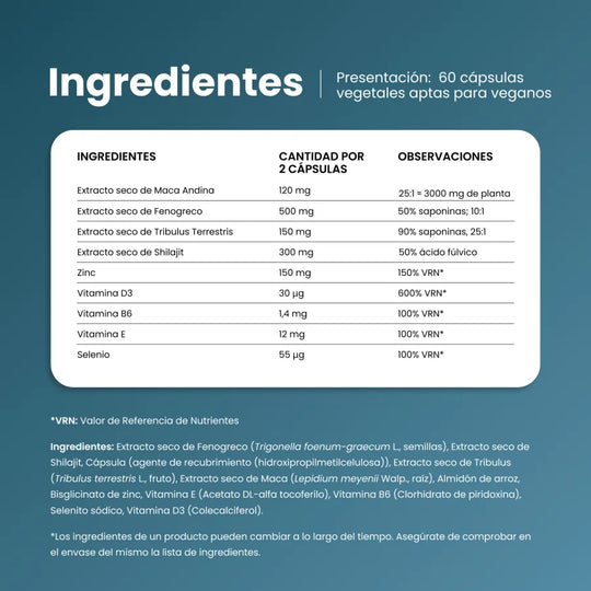 Ingredientes de Viboost Tribulus + Maca: maca andina, fenogreco, tribulus terrestris, shilajit, zinc y vitaminas