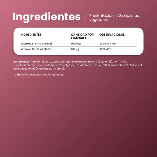 Ingredientes de VivaCel B12: 1.000 µg de vitamina B12 L-VITAL y 200 µg de vitamina B9 Quatrefolic por cápsula